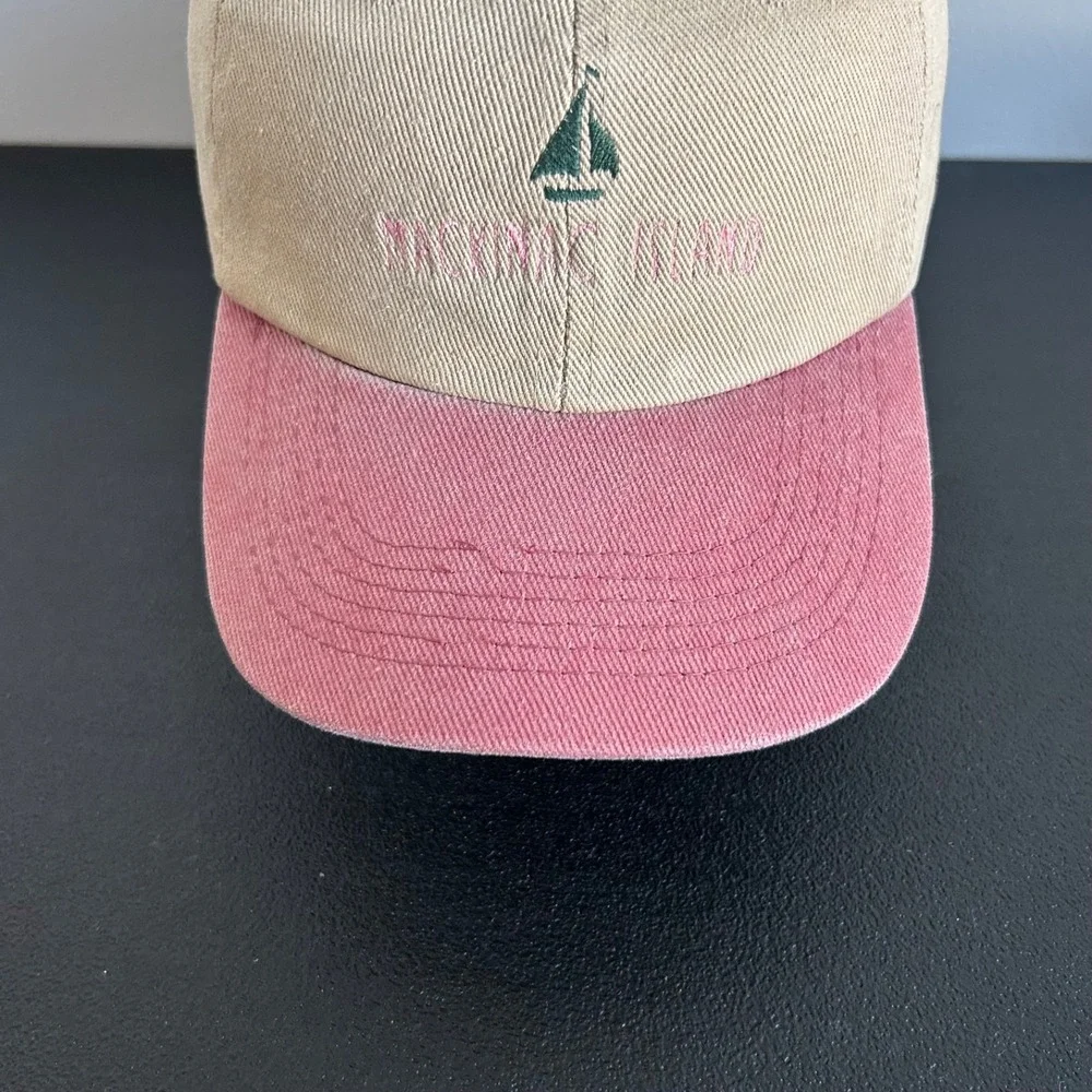 Vintage Mackinaw Island Hat Cap Strap Back Adjustable Tan Red Sailboat Adult
